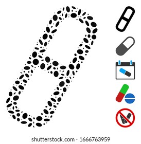 Dot Mosaic based on pill. Mosaic vector pill is formed with scattered ellipse dots. Bonus icons are added.