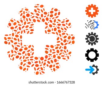 Dot Mosaic based on plus gear. Mosaic vector plus gear is formed with scattered ellipse dots. Bonus icons are added.