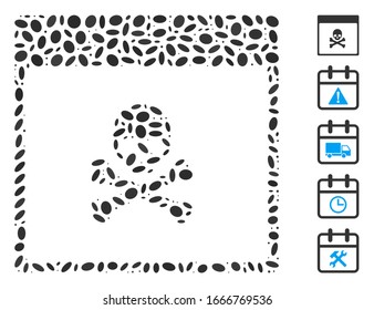 Mosaico de puntos basado en la página del calendario de calaveras envenenadas. La página del calendario del cráneo del veneno del vector mosaico se forma con elementos ovales dispersos. Se agregan iconos de bonificación.