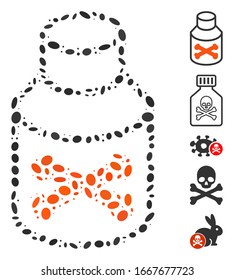 Dot Mosaic based on poison bottle. Mosaic vector poison bottle is designed with scattered ellipse spots. Bonus icons are added.