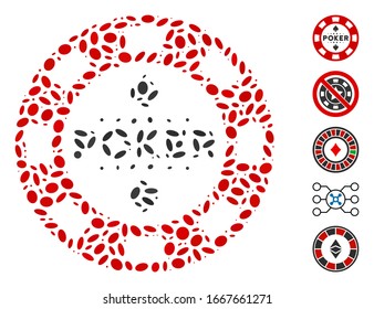 Dot Mosaic based on poker casino chip. Mosaic vector poker casino chip is formed with scattered oval elements. Bonus icons are added.