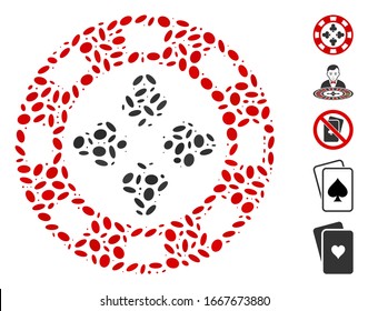 Dot Mosaic based on poker casino chip. Mosaic vector poker casino chip is created with random oval items. Bonus icons are added.