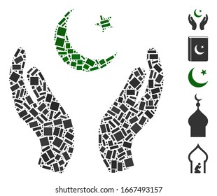 Dot Mosaic based on praying muslim hands. Mosaic vector praying muslim hands is created with random rectangle spots. Bonus icons are added.