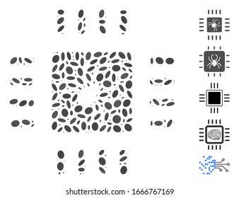 Dot Mosaic based on processor bug. Mosaic vector processor bug is formed with randomized ellipse dots. Bonus icons are added.