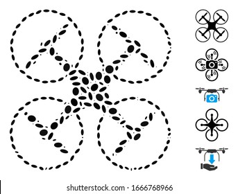 Dot Mosaic based on quadcopter. Mosaic vector quadcopter is created with scattered elliptic items. Bonus icons are added.
