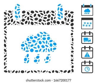 Dot Mosaic based on rain cloud calendar day. Mosaic vector rain cloud calendar day is composed with random elliptic dots. Bonus icons are added.