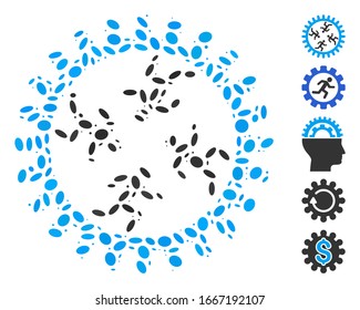 Dot Mosaic based on rat race gear. Mosaic vector rat race gear is composed with random oval elements. Bonus icons are added.