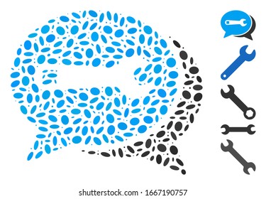 Dot Mosaic basiert auf Reparaturchat. Der Reparatur-Chat der Mosaik-Vektorillustration besteht aus zufälligen elliptischen Elementen. Bonussymbole werden hinzugefügt.