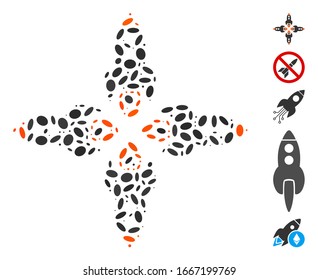 Dot Mosaic based on rockets. Mosaic vector rockets is created with random oval dots. Bonus icons are added.