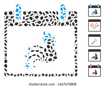 Dot Mosaic based on rooster fireworks calendar day. Mosaic vector rooster fireworks calendar day is composed with randomized elliptic dots. Bonus icons are added.