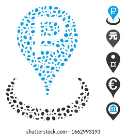Dot Mosaic based on rouble bank location. Mosaic vector rouble bank location is designed with scattered ellipse spots.