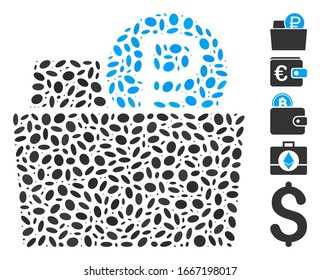 Dot Mosaic based on rouble wallet. Mosaic vector rouble wallet is created with randomized elliptic items. Bonus icons are added.