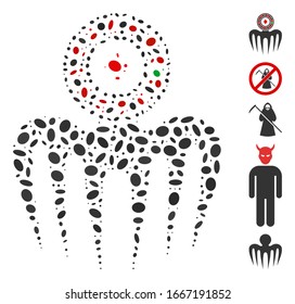 Dot Mosaic based on roulette spectre monster. Mosaic vector roulette spectre monster is formed with randomized ellipse elements. Bonus icons are added.