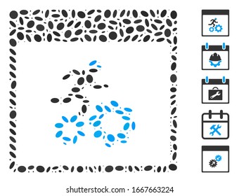 Dot Mosaic based on running worker calendar page. Mosaic vector running worker calendar page is composed with scattered ellipse spots. Bonus icons are added.