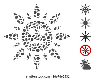 Dot Mosaic based on sad sun light. Mosaic vector sad sun light is designed with randomized oval items. Bonus icons are added.