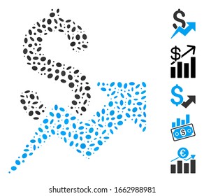 Dot Mosaic based on sales growth. Mosaic vector sales growth is composed with randomized elliptic items.