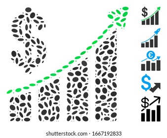 Dot Mosaic basado en la tendencia de ventas. La tendencia de ventas de vectores mosaicos se compone de puntos elípticos aleatorios. Se agregan iconos de bonificación.