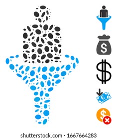 Dot Mosaic based on sales funnel. Mosaic vector sales funnel is formed with randomized ellipse items. Bonus icons are added.