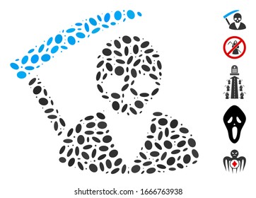 Dot Mosaic based on scytheman. Mosaic vector scytheman is formed with random elliptic elements. Bonus icons are added.