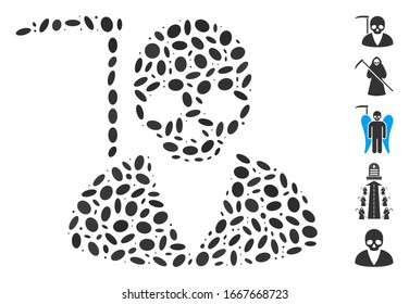 Dot Mosaic based on scytheman. Mosaic vector scytheman is composed with random oval elements. Bonus icons are added.