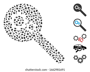 Dot Mosaic based on search gears tool. Mosaic vector search gears tool is composed with scattered elliptic items.
