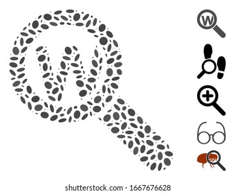 Dot Mosaic based on search word. Mosaic vector search word is formed with randomized ellipse items. Bonus icons are added.