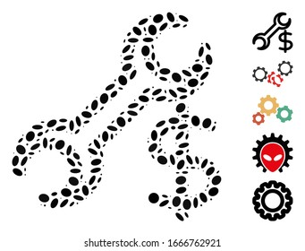 Dot Mosaic based on service. Mosaic vector service is formed with scattered elliptic dots. Bonus icons are added.