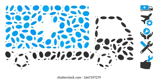 Dot Mosaic based on service car. Mosaic vector service car is designed with scattered elliptic items. Bonus icons are added.