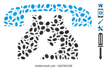 Dot Mosaic based on service phone. Mosaic vector service phone is composed with scattered oval spots. Bonus icons are added.