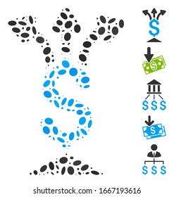 Dot Mosaic based on share money. Mosaic vector share money is composed with scattered ellipse spots. Bonus icons are added.