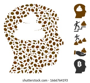 Mosaico de puntos basado en la cabeza de los cerebros de mierda. La cabeza de los cerebros vectoriales mosaicos se forma con elementos elípticos aleatorios. Se agregan iconos de bonificación.