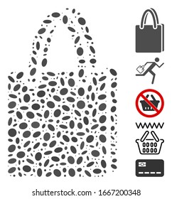 Mosaico de puntos basado en bolsa de compras. La bolsa de compras vectorial mosaico se forma con puntos elipses aleatorios. Se agregan iconos de bonificación.