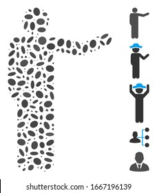Dot Mosaic auf der Grundlage der Vorführung des Menschen. Mosaike Vektorillustration, die den Menschen zeigt, besteht aus randomisierten Ellipsenflecken. Bonussymbole werden hinzugefügt.