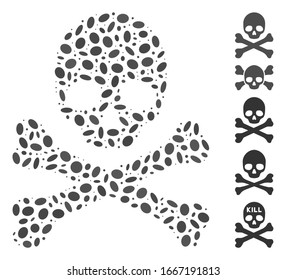 Dot Mosaic based on skull and crossbones. Mosaic vector skull and crossbones is formed with random ellipse dots. Bonus icons are added.