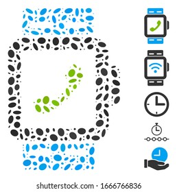 Dot Mosaic based on smart watch. Mosaic vector smart watch is composed with random ellipse spots. Bonus icons are added.