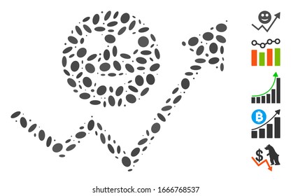 Dot Mosaic based on smile growing trend. Mosaic vector smile growing trend is composed with randomized oval dots. Bonus icons are added.