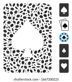 Dot Mosaic based on spades gambling card. Mosaic vector spades gambling card is designed with random ellipse elements. Bonus icons are added.