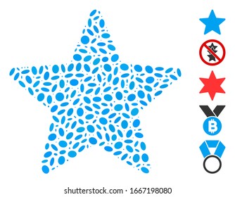 Dot Mosaic based on star. Mosaic vector star is designed with randomized ellipse items. Bonus icons are added.