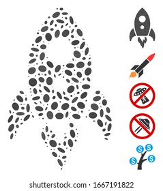 Dot Mosaic based on startup rocket. Mosaic vector startup rocket is designed with scattered ellipse items. Bonus icons are added.