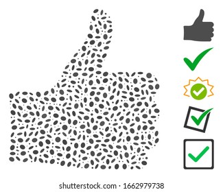 Dot Mosaic based on thumb up. Mosaic vector thumb up is composed with randomized elliptic items.