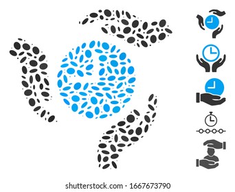 Dot Mosaic based on time care hands. Mosaic vector time care hands is designed with random oval elements. Bonus icons are added.
