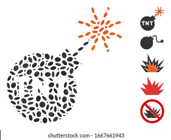 Mosaico de puntos basado en la bomba de TNT. La bomba TNT vector mosaico está diseñada con elementos elípticos dispersos. Se agregan iconos de bonificación.