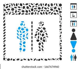 Dot Mosaic based on toilet persons calendar page. Mosaic vector toilet persons calendar page is composed with randomized elliptic items. Bonus icons are added.