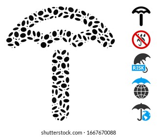 Dot Mosaic based on umbrella. Mosaic vector umbrella is composed with random ellipse dots. Bonus icons are added.