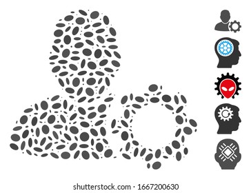 Dot Mosaic based on user settings gear. Mosaic vector user settings gear is created with randomized ellipse spots. Bonus icons are added.