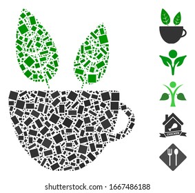 Dot Mosaic based on vegan cafe. Mosaic vector vegan cafe is formed with scattered rectangle elements. Bonus icons are added.