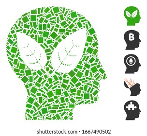 Dot Mosaic based on vegan head. Mosaic vector vegan head is designed with random rectangle spots. Bonus icons are added.