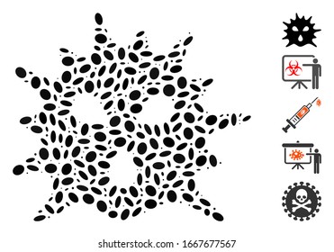 Dot Mosaic based on virus. Mosaic vector virus is composed with random ellipse items. Bonus icons are added.