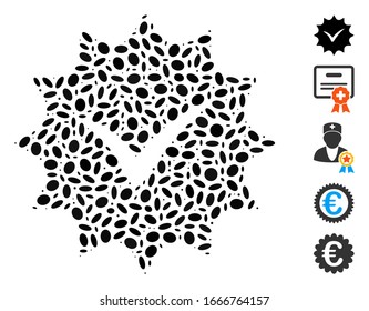 Dot Mosaic based on warranty tag. Mosaic vector warranty tag is composed with scattered ellipse items. Bonus icons are added.