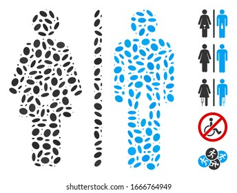Mosaico de puntos basado en el WC personas alcohólicas. Las personas alcohólicas vectoriales de mosaico se forman con puntos elípticos dispersos. Se agregan iconos de bonificación.